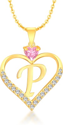 Heer Collection Heart Shape Alphabet 'P' Valentine Special Pendant Propose Wedding Anniversary Cubic Zirconia, Crystal Gold-plated Plated Brass, Copper Chain Set