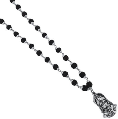Radhika Collection Black 5 Mukhi Rudraksha Mala in Silver Designer Caps (7 mm) - Natural Rudraksha Beads Silver Plated Brass, Wood Chain