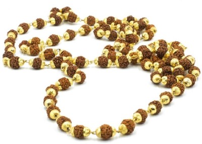 JangraBro 5 Mukhi 54 Beads, Beads Size 6mm, Certified Natural Gold Plated Rudraksha Mala Beads Wood Necklace