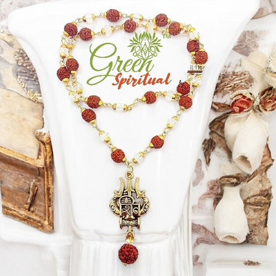 Green Spiritual Shiv Locket with Rudraksha Crystel Mala Sacred Symbol of Power & Protection Gold-plated Plated Wood Chain