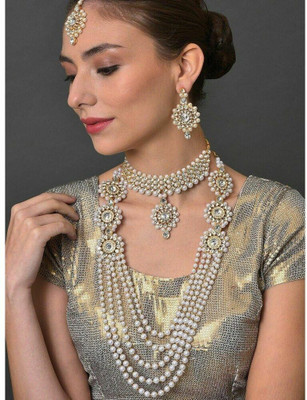 URBANELA wedding jewellery Kundan Pearl Necklace Bridal jewelry choker necklace combo Beads, Pearl Brass Plated Alloy Necklace