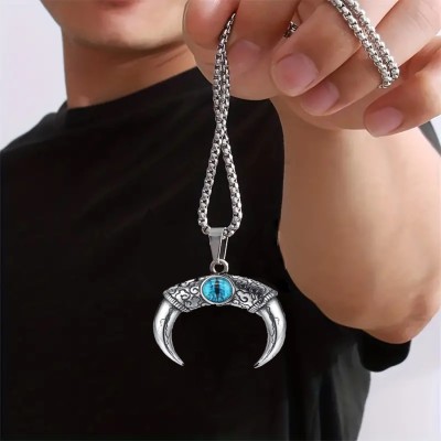 Vivity Vintage Viking Neck Pendant Double Horn Two Side Necklace Biker Gothic Pendant Turquoise Silver Plated Alloy Chain