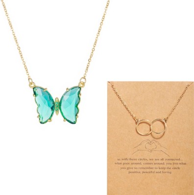 AVR JEWELS Pack of 2 Charming Double Circle and Blue Crystal Butterfly Necklace For Women Gold-plated Plated Alloy Chain