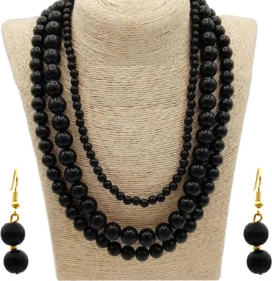 NECKLASE Premium Natural Black Stone Crystal Beads 3 Layered Necklace Quartz Gold-plated Plated Glass Necklace Set