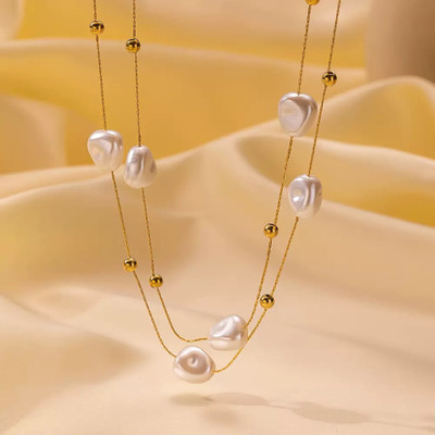 MYKI Anti-Tarnish Dual Layer Pearl Beaded Gold Necklace Gold-plated Plated Stainless Steel Necklace
