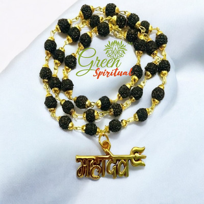Green Spiritual Religious Jewelry Mahadev Locket With Puchmukhi Rudraksha Mala (8MM 36Beads) Gold-plated Plated Wood Chain