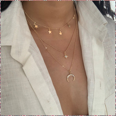 Vimich Three Layered Moon Studded Star Necklace Gold-plated Alloy Pendant