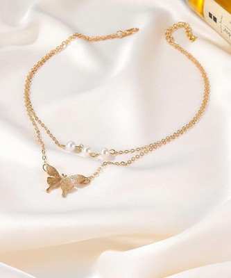 Vembley Stylish Double Layered Butterfly White Pearl Necklace For Girls Gold-plated Plated Alloy Necklace