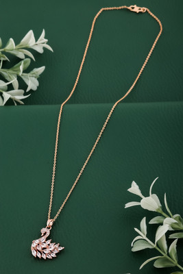 Temora Rose Gold Plated White crystal Stone Studed Swan Necklace For Girls and women Cubic Zirconia Rhodium Plated Alloy Chain Set