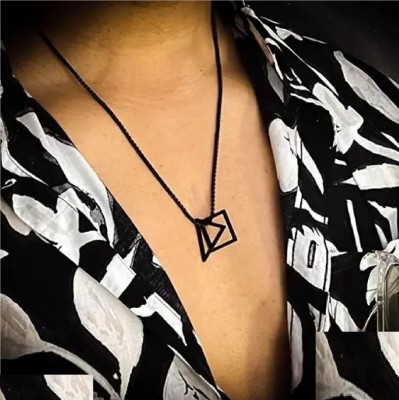 Ruhi Collection Black Geometric Interlocking Square Triangle Hip Hop Locket Pendant Chain Silver Plated Stainless Steel Chain