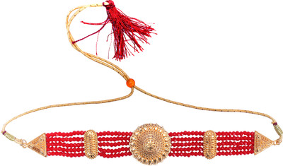Uttarakhand Handicrafts Traditional Red Beads Choker Necklace with Ornate Gold-Plated Round Pendant Crystal Gold-plated Plated Alloy Choker