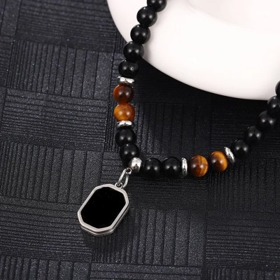 Vivity Trendy Tiger Eye Stone Beaded Necklace for Men Vintage Black Geometric Pendant Onyx Silver Plated Alloy Chain