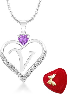 Heer Collection Heart Shape Alphabet 'V' Valentine Special Pendant Propose Wedding Anniversary Cubic Zirconia, Crystal Gold-plated Plated Brass, Copper Chain Set