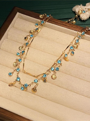 AKISON JEWELS Blue Shell Multi Layer Necklace Chain For Girls Women Party Daily Wear Cubic Zirconia, Diamond, Crystal, Zircon Gold-plated Plated Stainless Steel Necklace