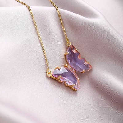 Vembley Latest Single Layered Crystal Butterfly Purple Pendant Necklace For Women Gold-plated Plated Alloy Necklace