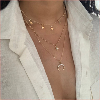 TheVineGirl Three Layered Moon Double Circles Earth Necklace Cubic Zirconia Gold-plated Plated Alloy Layered