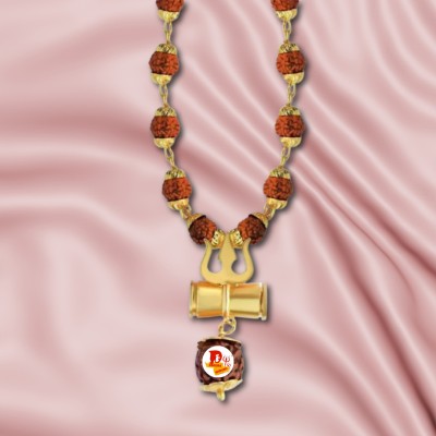 DARIDRA BHANJAN 5 Mukhi Rudraksha Mala With Shiv Trishul & Damru Mahadev Damroo Chain Gold-plated Plated Wood Chain