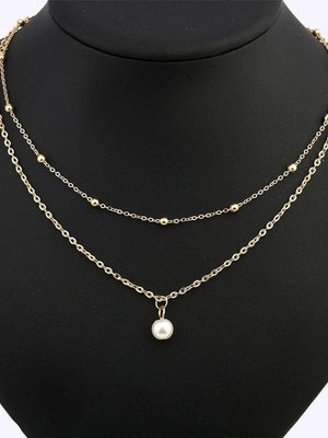 Dressberry Double Layered Single White Pearl Pendant Necklace Gold-plated Plated Alloy Necklace