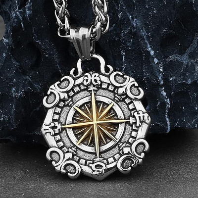 BRIGHTFRAME compass-inspired pendant with an intricate vintage Nordic/medieval design-03 Rhodium Plated Stainless Steel Necklace