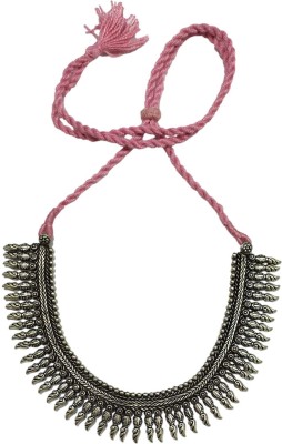 athizay Antique Silver Oxidised Beads Choker necklace for Women ( Baby Pink Thread ) Brass Choker