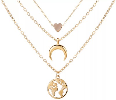 Vembley Three Layered Earth Moon Heart Necklace For Girls And Women Gold-plated Alloy Pendant