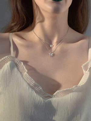 darpan Beautiful Double Layer Butterfly Neckchain Zircon Silver Plated Alloy Layered