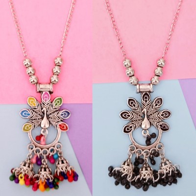 Fashion Fusion Silver Oxidized Designer Peacock Pendant with Long Chain(Combo Pack of 2) Silver Plated Alloy Necklace