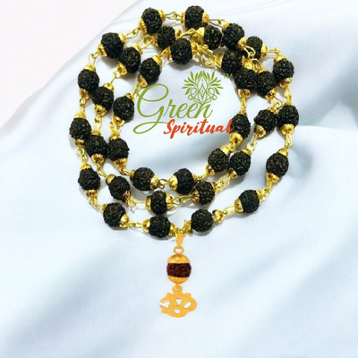 Green Spiritual Religious Jewelry Om Locket With Puchmukhi Rudraksha Mala (8MM 36Beads) Gold-plated Plated Wood Chain
