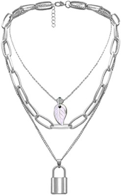 Vassaley Lock and Leaf Layered Chain Necklace For Women And Girls Silver Plated Alloy Necklace