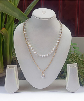 The Splendid Double Chain Necklace with Pearl Gold-plated Plated Mother of Pearl, Alloy Chain Set