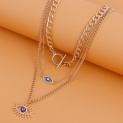 DESTINY JEWEL'S Gold Plated Cubic Zircon Decor Blue Evil Eye Charm Multi-Layered Necklace Crystal Gold-plated Plated Alloy Necklace