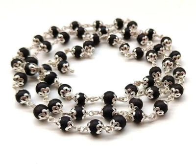 Akaraya Silver Karungali Malai 8 mm 54+1 Beads, Silver Ebony Beads Silver Plated Sterling Silver Chain