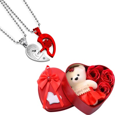Thrillz Valentine Gifts For Couple Silver Chain Heart Shape Pendant Heart Box & Teddy Silver Plated Stainless Steel Chain
