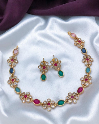 ROFARWORD Traditional Wedding Wear Choker Necklace/Jewellery Set For Women and Girls Zircon Gold-plated Plated Alloy Necklace Set