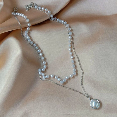 Vembley Vembley Double Layered Pearl Pendant Golden Necklace For Girls And Women Silver Plated Alloy Layered