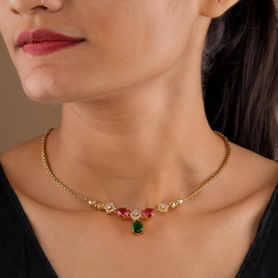 YANA JEWELLRY Handmade South Indian Panchaloham Attiga Necklace Chain For Women & Girls Cubic Zirconia Gold-plated Plated Brass Layered