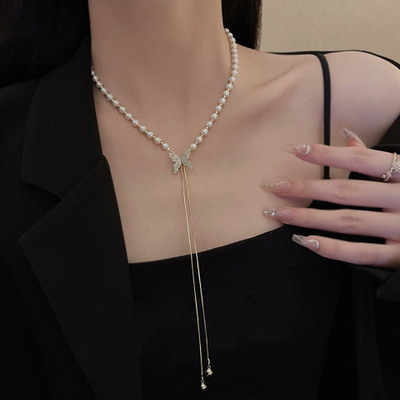 TVI Golden Butterfly Chain Pearl Tassel Pendent Necklace For Women And Girls Gold-plated Plated Alloy Necklace