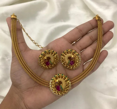 ROFARWORD Traditional Wedding Wear Necklace/Jewellery Set For Women and Girls Zircon Gold-plated Plated Copper Necklace Set