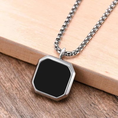 Oscar Enterprises Black Cubic Silver Bar Pendant Necklace For Mens and Grils Silver Plated Stainless Steel Chain