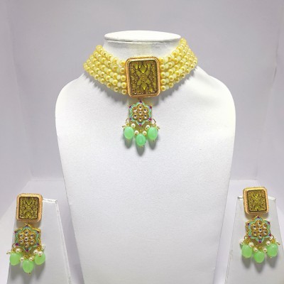 Jaipur Imitation Jewellery Jaipuri Theva Mint Green Golden Choker with Kundan Crystal Gold-plated Plated Alloy Choker