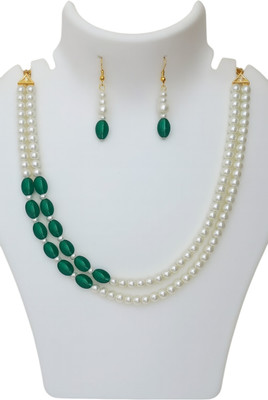thejewels Elegant 2-Layer Pearl & Green Bead Alloy Necklace Jewellery Set Glass Necklace Set