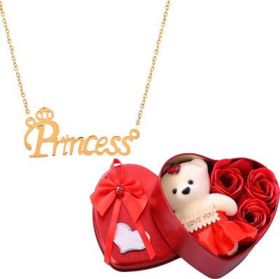 Thrillz Valentine Gifts For Girlfriend Princes Gold Chain Pendant Heart Box & Teddy Gift Gold-plated Plated Stainless Steel Chain
