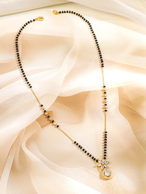 RUBANS 18K Gold-Plated CZ Studded Floral Black & Gold Beaded Mangalsutra Chain Gold-plated Plated Brass Chain