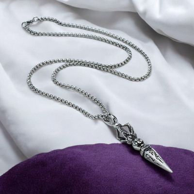 ADF ADF-Stainless Steel Silver- Plated Antique Vajra Evil Jiang Dagger Necklace Silver Plated Stainless Steel Necklace