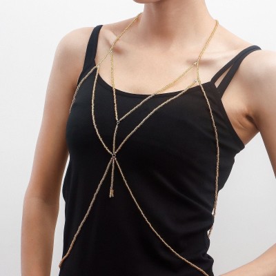 FEMNMAS Simple Beach Bra Body Chain For Women Beads Gold-plated Plated Alloy Chain