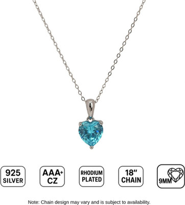 JEWELLEVERY Blue Zircon 925 Sterling Silver Necklace with Pendant & Chain for Women Cubic Zirconia, Zircon Rhodium Plated Sterling Silver Necklace