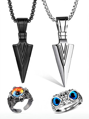 MAHADEV ARROW CHAINS WITH EVIL EYE RINGS DRAGON & OWL Silver, Black Silver Plated Stainless Steel Chain Set