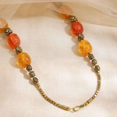 RUBANS Oxidised Antique Gold Bohemian with Amber Orange & Yellow Textured Beads Gold-plated Plated Brass Chain