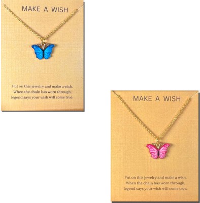 AVR JEWELS Combo Of 2 Gold Plated Pretty Blue & Pink Butterfly Charm Necklace Gold-plated Plated Alloy Chain Set