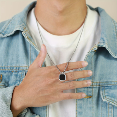 JS Enterprises Men And Women Black Onyx Octagon Inlay Square Pendant Amulet Pendant Silver Agate Stainless Steel Pendant